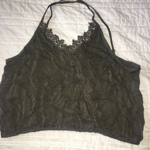 Olive green smocked flower lace crop top strappy